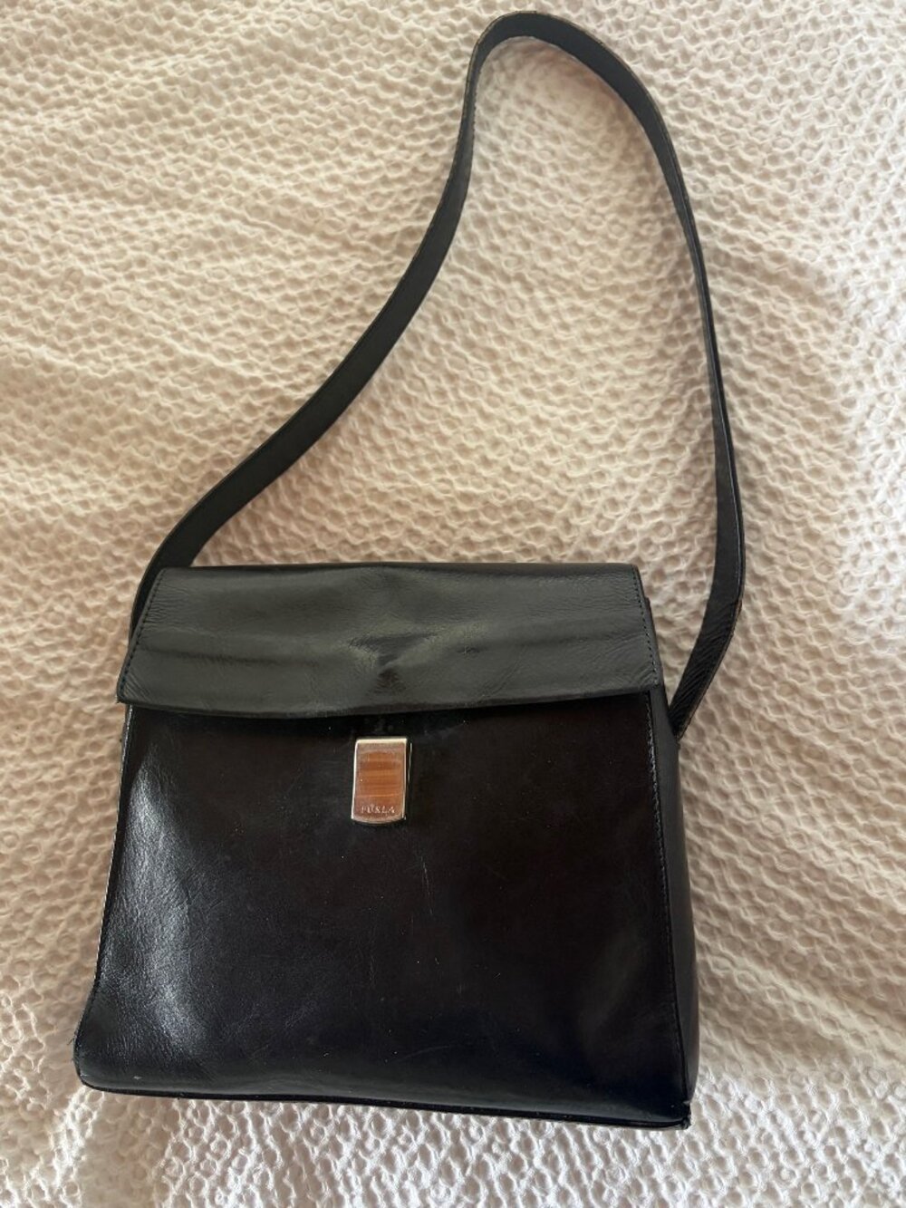 Vintage Furla Black Leather Shoulder Bag Made in Italy Structured Purse
